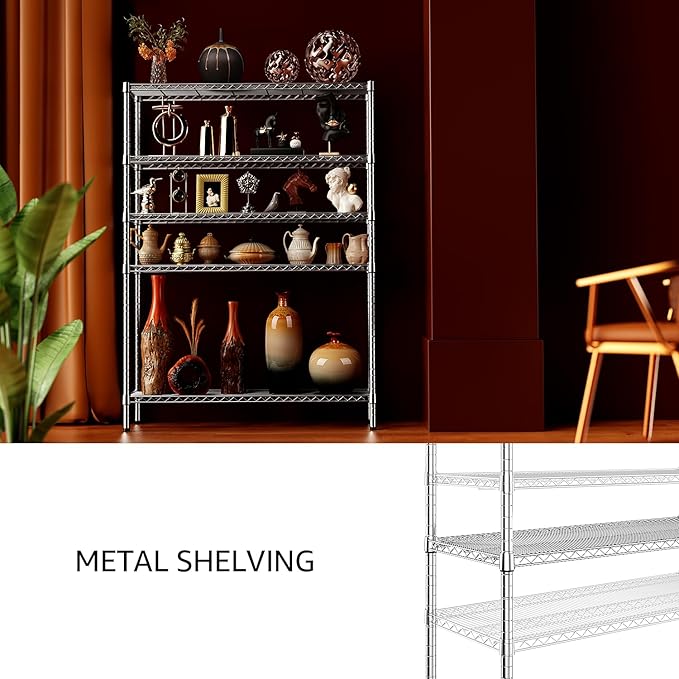 IZEUK 3300 LBS Garage Shelving Wide Storage Shelves 5 Tier Metal Shelves Heavy Duty Adjustable Utility Shelf Rack Chrome 17.7" D x 59.1" W x 70.4" H