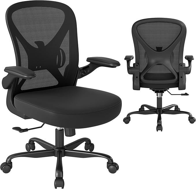 ZZH Mesh Office Chair with Adjustable Lumbar Support, Ergonomic Home Office Desk Chair with Wheels and Flip-up Arms, Black