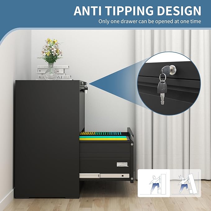 AQY 2 Drawer File Cabinet with Lock,Metal Lateral File Cabinets for Home Office,Steel Wide Filing Organization Storage Cabinets for Hanging Files Letter/Legal/F4/A4 Size Assembly Required(Black)