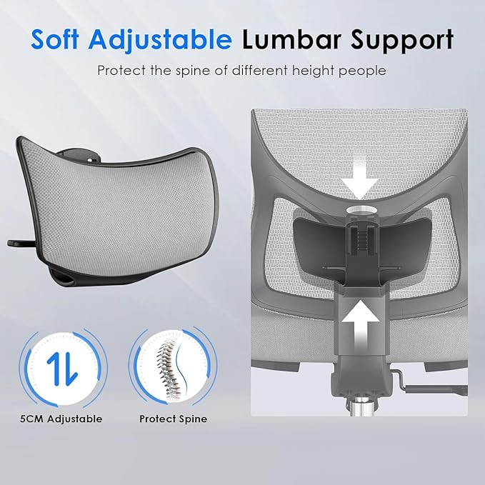 Soohow Ergonomic Office Chair,Mesh Desk Chair with Adjustable Lumbar Support and Headrest,Comfy Computer Chair with 3D Armrest Recling Swivel Chair for Home, Office, Study Room, Black & Grey