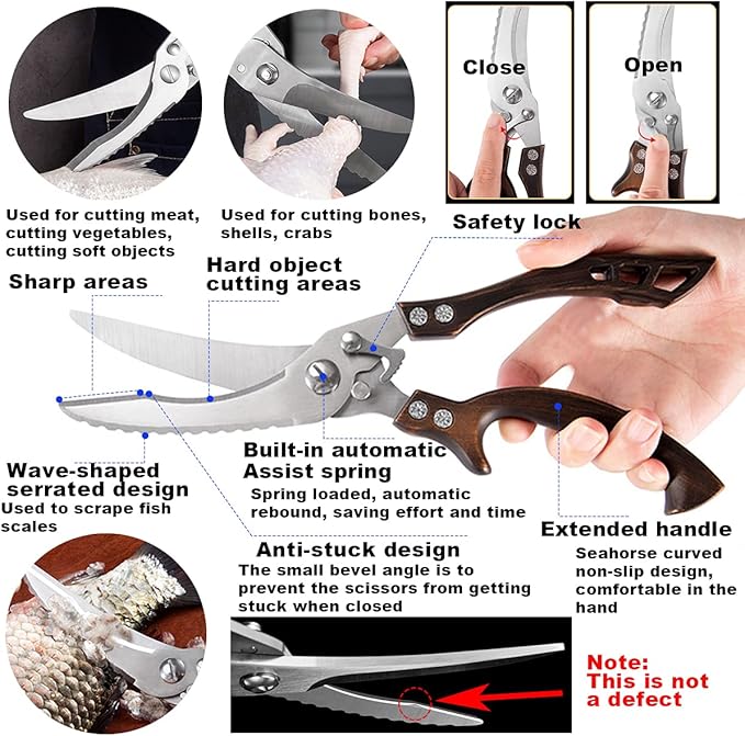 ANDONG Kitchen Scissors, Heavy Duty Professional Poultry Shears, Stainless Steel Spring Loaded, Dishwasher Safe, with Black Leather Sheath