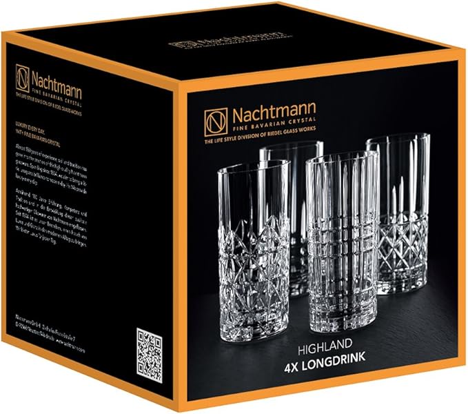 Nachtmann Highland Collection Crystal 6” Long Drink Glasses, Set of 4, With Different Glass Patterns, For Cocktails or Non- Alcoholic Beverages,445 ml, Dishwasher Safe