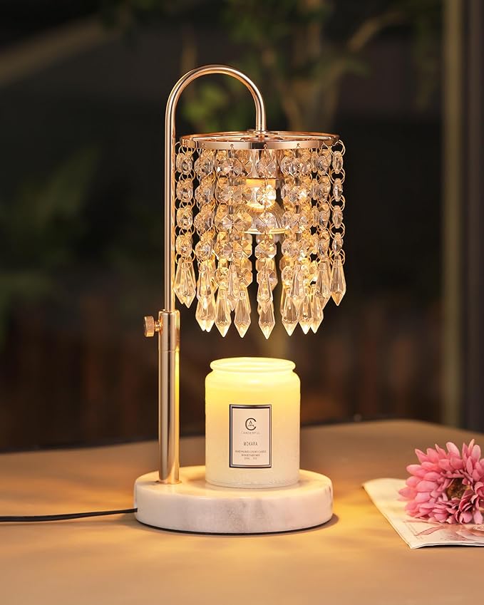 Candle Warmer Lamp with Timer Dimmer and 3 Bulbs, Lamp Candle Warmer with Marble Base for Adjustable Height, Crystal Candle Warmer Lamp for Jar Candles, House Warming Decor Gifts, French Gold