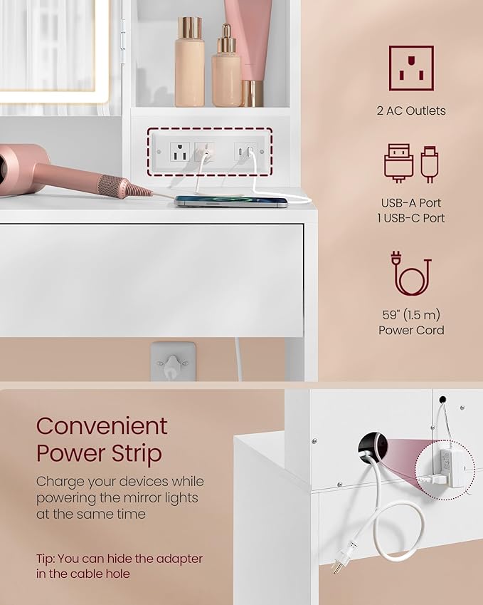 VASAGLE KAILYN Collection - Vanity Desk with Power Outlets, Makeup Vanity with Mirror and Lights, Upholstered Vanity Stool, LED Lights, 6 Compartments, 2 Drawers, for Bedroom, Cloud White URDT031W01