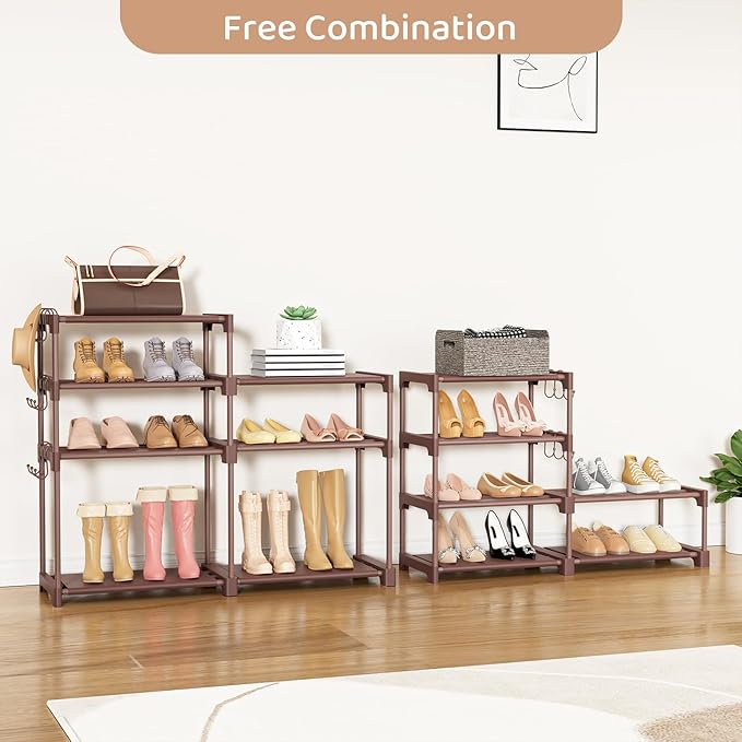 ROJASOP Shoe Rack Organizer, 8-Tier Metal Shoe Rack for Closet Entryway Garage, 26-32 Pairs Tall Shoe Boot Storage Shelf with 15 Hooks, Stackable Large Shoe Stand, Brown