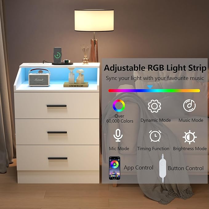 3 Drawers Dresser with Power Outlet, Chest of Drawers with LED Light, White Dresser Organizer with Open Storage Cubby, Modern Nightshatnd for Bedroom, Living Room, Entryway, Hallway