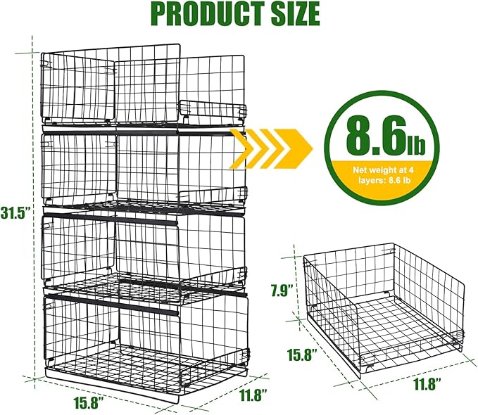 4-Tier Storage Basket, Stackable Closet Organizers, Foldable Closet Shelf Organizer System, Space-Saving, Snacks Books Clothing Towel Storage Drawer Organizer for Wardrobe Living Room Office - Black
