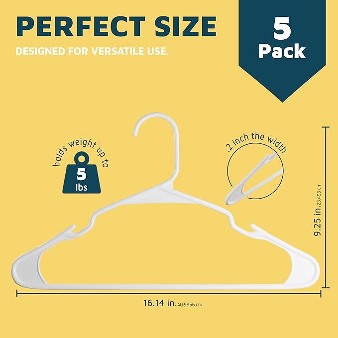 Plastic Clothes Hangers – Heavy Duty Hanger Set, for Organizing Clothes, Dresses, and Coat, Holds Up to 5 lbs, Space-Saving Hangers with Non-Slip Shoulder Grooves, Pack of 5, White