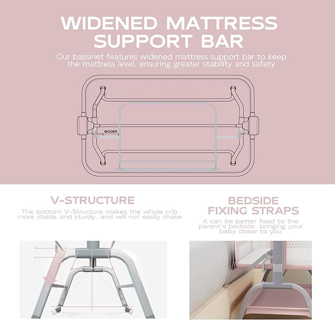 BabyBond Baby Bassinet, 3 in 1 Bassinet Bedside Sleeper with Washable Soft Mattress and Sheet, 6 Height Adjustable Bedside Crib, 4-Sided Mesh Bedside Bassinet for Baby