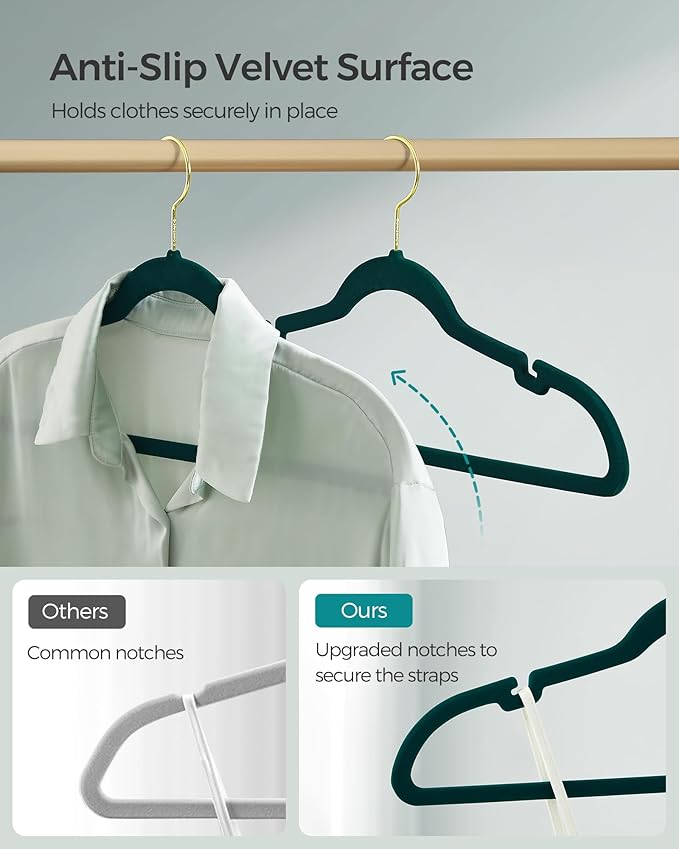 SONGMICS Velvet Hangers 50 Pack, Non-Slip Clothes Hangers, Suit Hangers with Shoulder Notches, Pants Bar, 360° Swivel Hook, Space-Saving, for Closet, Forest Green UCRF029C05