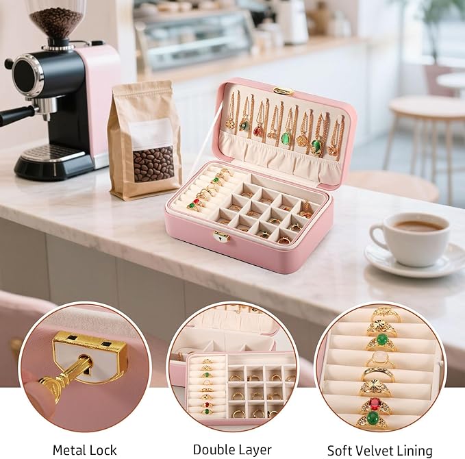 Travel Jewelry Case With Lock, 2-Layer PU Leather Jewelry Box for Women, Ring Box and Jewelry Organizer, Large Jewelry Travel Case,Best Gifts for Women for the Holidays(Pink)