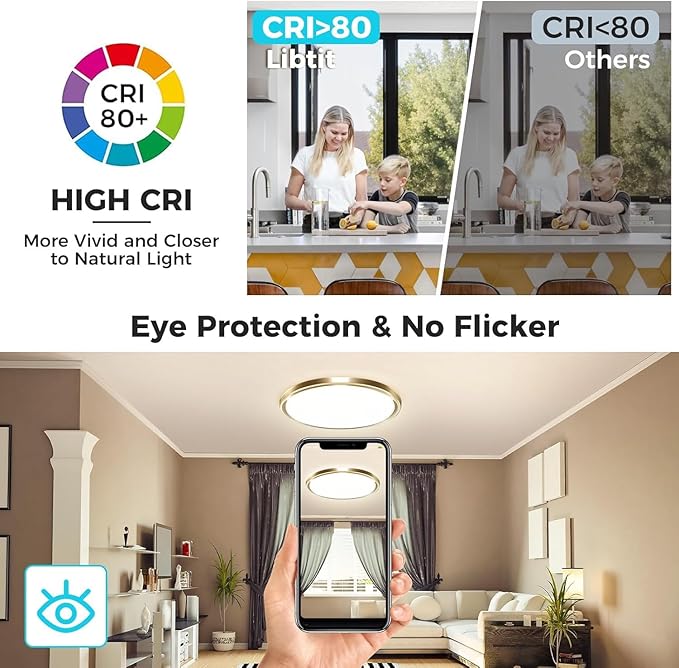 zemty 2Pack LED Ceiling Light Fixture, 6.5-Inch 12W 1200lm Small Flush Mount Light, Adjustable 3000K 4000K 6500K Color Temperatures, Round Flat Recessed Lamp for Kitchen Closet Hallway Laundry, Gold