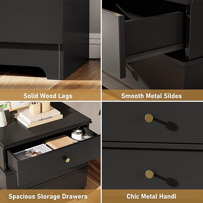 3 Drawer Nightstand with Charging Station,24" Farmhouse Night Stand, Small Chest of Drawers, Wood Bedside Table Cabinet for Bedroom, Living Room, Hallway, Black