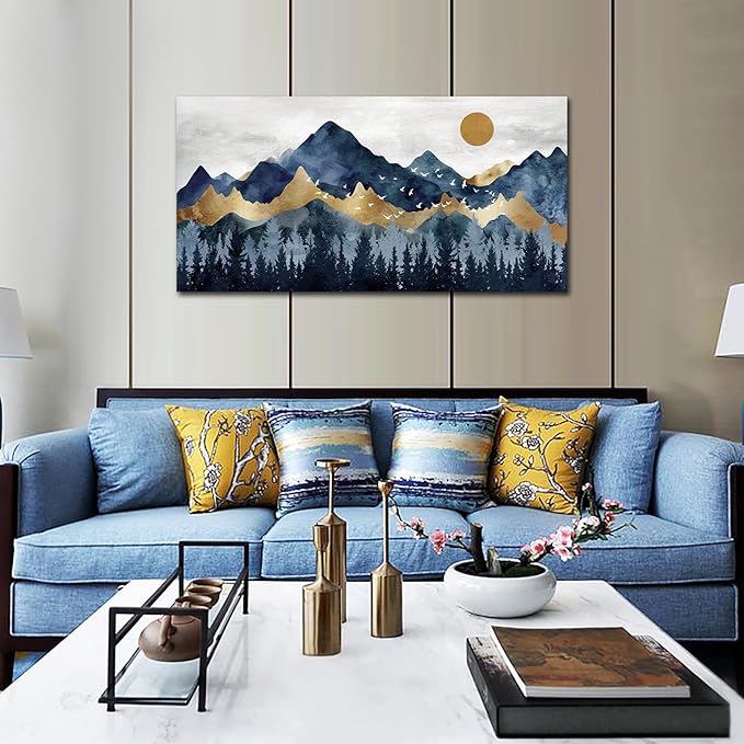 Abstract Nordic Canvas Wall Art - Indigo Blue and Brown Mountain Forest Picture Wall Decor Sun Birds Canvas Painting Nature Landscape Prints Artwork for Living Room Bedroom Decoration 24" x 48"