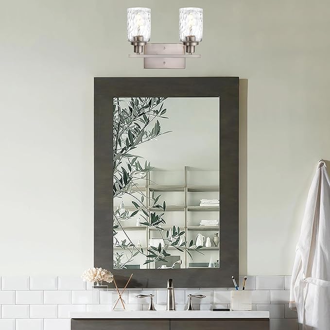 MELUCEE Indoor Wall Sconces Brushed Nickel with Clear Hammered Glass, 2-Light Modern Bathroom Vanity Light Wall Mount Lamp for Mirror Cabinets Powder Room Dressing Table (Patent No.: US D963914 S)