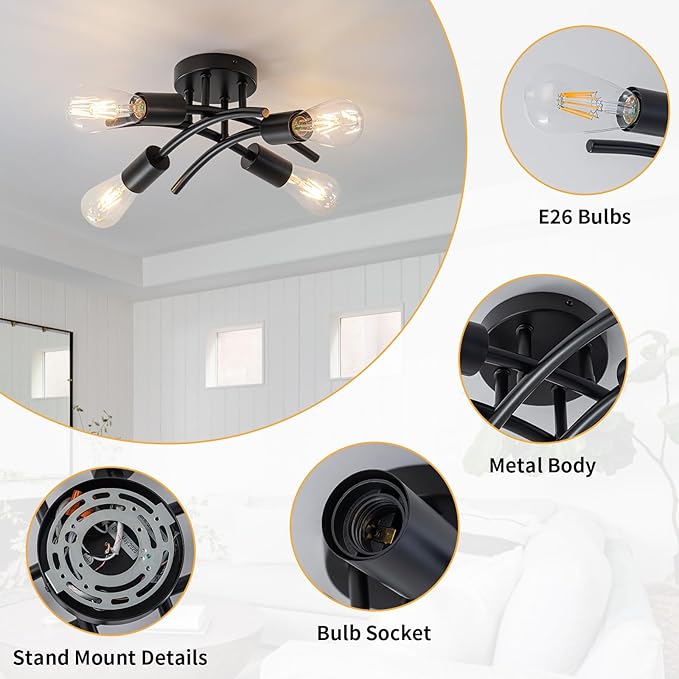 WILON Semi Flush Mount Ceiling Light Fixture, Modern Flush Mount Ceiling Lights, Matte Black 4-Light Sputnik Ceiling Light Fixture with E26 Bulb Base for Hallway Farmhouse Kitchen Bedroom
