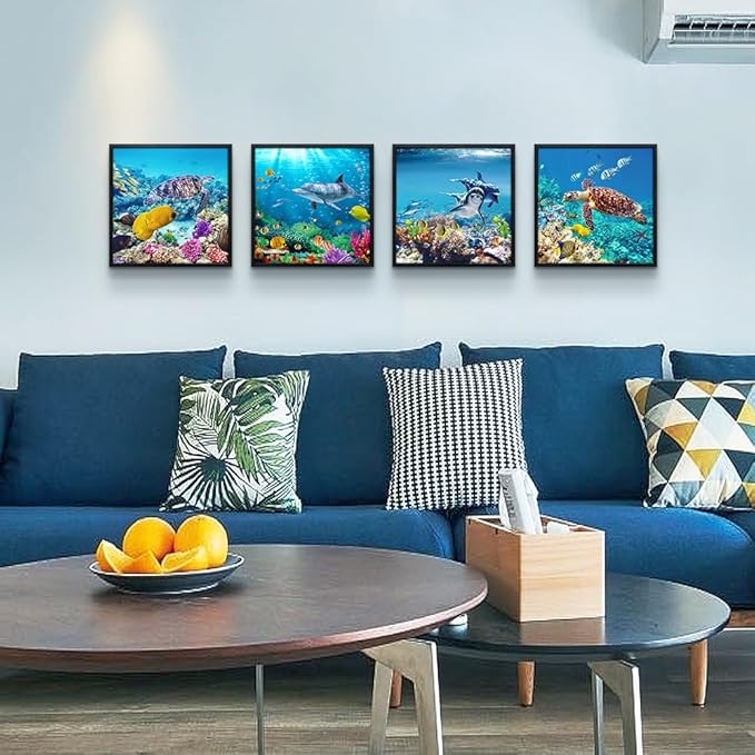 Set Of 4 Piece Black Framed Wall Art For Living Room Family Bedroom Wall Pictures Artwork Bathroom Wall Decor Coral Sea Fish And Turtles Blue Ocean Theme Painting Ready to Hang Modern Home Decor