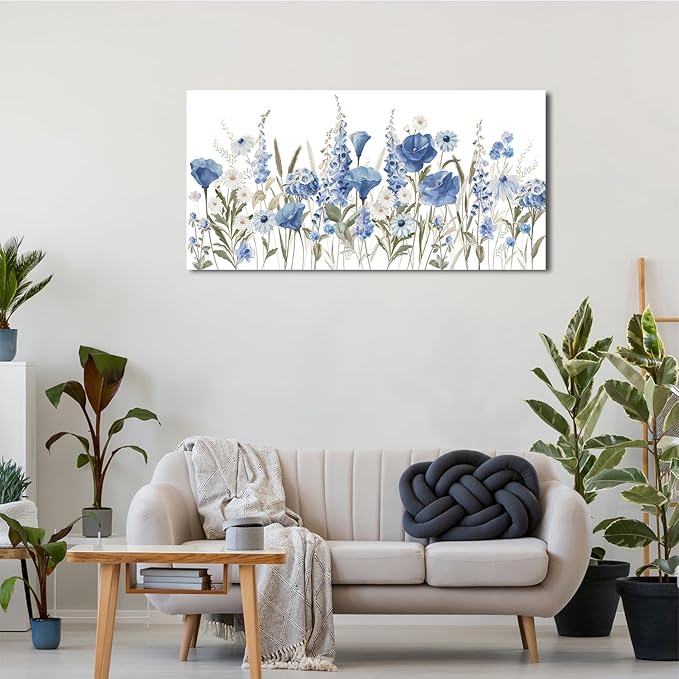 arteWOODS Elegant Flowers Wall Art - Blue White Botanical Pictures for Wall Decor Floral Blossom Canvas Painting Print Artwork for Living Room Bedroom Home Office Wall Decoration 20" x 40"