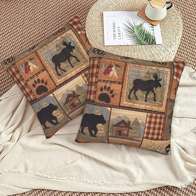 BETGINY Western Bear Throw Pillows Cover 16X16 Inch Pack of 2, Rustic Wildlife Bear Cabin Pillow Covers Linen Square Cushion Animal Deer Pillowscase for Bedroom Home Sofa Decoration