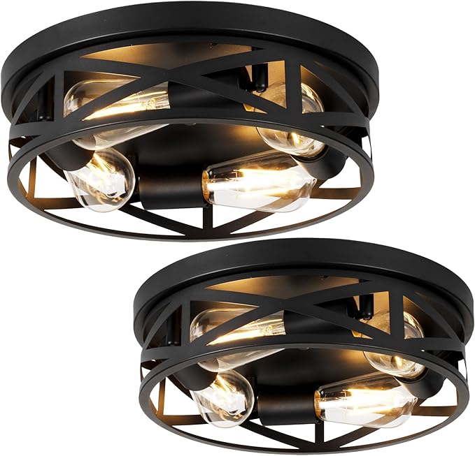 13 Inch Close to Ceiling Light Fixtures, 2 Pack Farmhouse Flush Mount Ceiling Light 4-Lights, Black Metal Cage Semi Flush Mount Ceiling Light for House Hallway Kitchen Bedroom