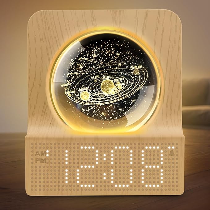 DreamSky Space Alarm Clock for Kids Teens, Small Digital Clock with RGB Night Light for Bedroom, Colorful Crystal Ball Decor for Living Room Office, Dimmer, Gifts for Boys Girls Women (Wood Grain)