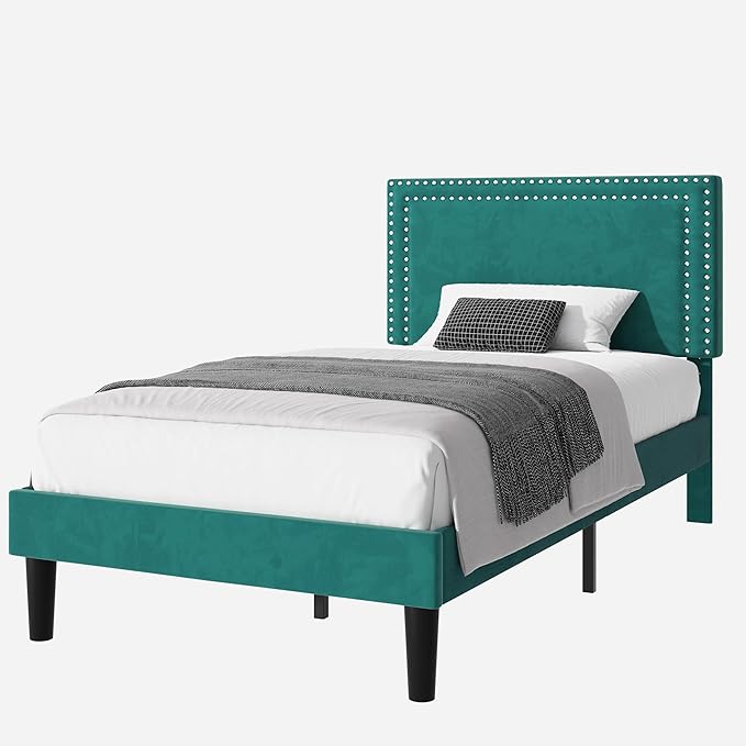 VECELO Twin Size Platform Bed Frame with Height Adjustable Upholstered Headboard, Modern Mattress Foundation,Strong Wood Slat Support, No Box Spring Needed, Easy Assembly