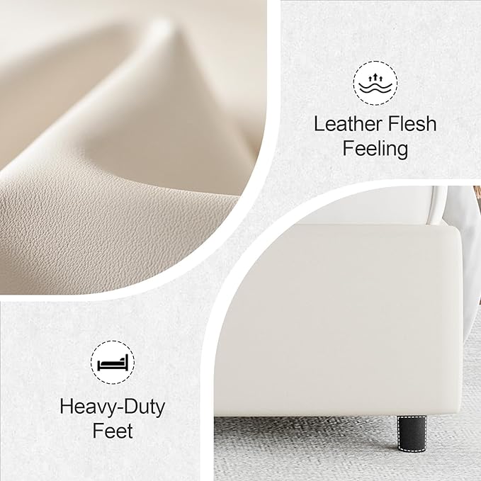 Full Size Bed Frame with LED Lights, Faux Leather Upholstered Platform with Silver Wingback Headboard, Modern Style, No Box Spring Needed, Easy Assembly, Cream