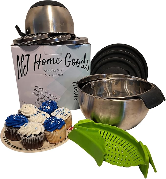 Stainless Mixing Bowl & Lids Holiday BBQ Picnic: Lids Pour Spout Ergonomic Handles For Kitchen With Non Slip Silicone Base Strainer Graters For Kitchen Gift Set