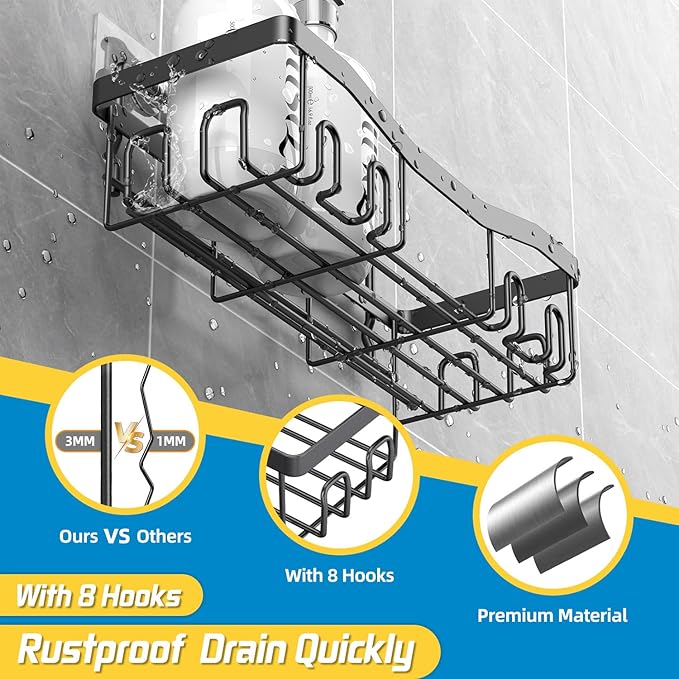 Adhesive Shower Caddy, No Drilling Bath Organizers 5 Pack, Rustproof Shelves with Soap Holder & Toothbrush Holder, Bathroom Organizers and Storage, Black