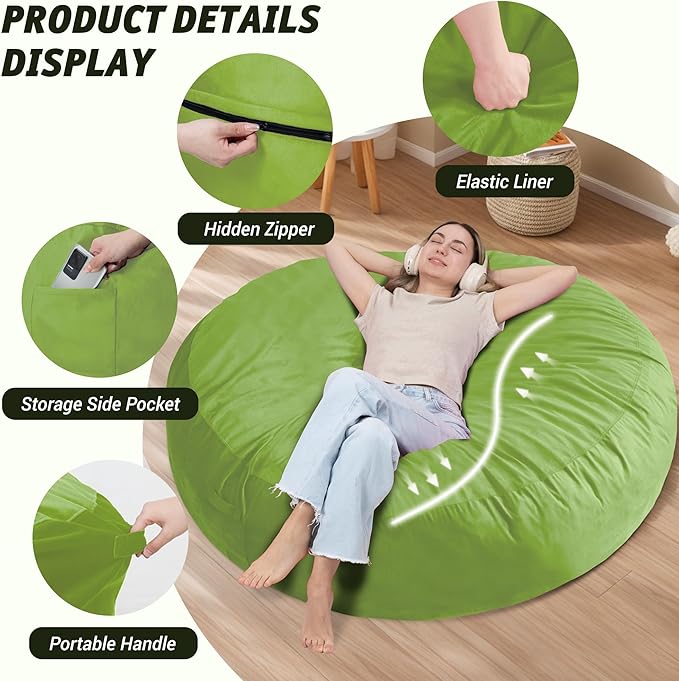7FT Bean Bag Chair with Ultra Soft Velvet Cover Bean Bag Sofa with Memory Foam Bean Bag Chairs with Large Size Lazy Sofa for Dorm Office Living Room Bedroom Grass Green 7'
