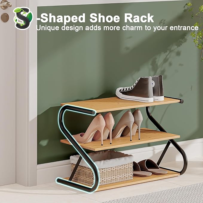 Bamboo Shoe Rack, Z-Frame Wooden 3-Tier Shelf with Durable Metal Shelves, Shoe Organizer for High Heels, Hallway, Living Room, Closet, Bedroom (Natural)
