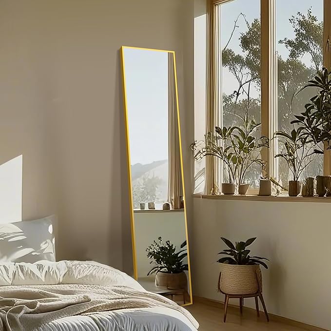 Delma Wall Mirror Full Length Mirror,Standing Mirror Full Body,Large Floor Mirror for Wall Door Bedroom Bathroom Living Room with Aluminium Frame(with Stand,Rect 56x15-Gold)