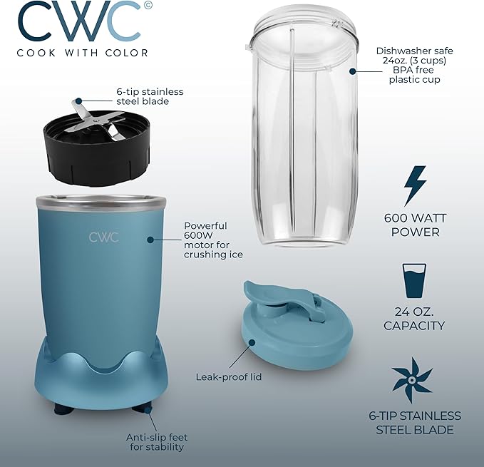 COOK WITH COLOR Personal Power Blender 600W, 24oz Capacity, BPA-Free Jar, Ice-Crushing Blades, Ideal for Smoothies & More, Anti-Slip Feet, Easy to Clean, Slate Blue