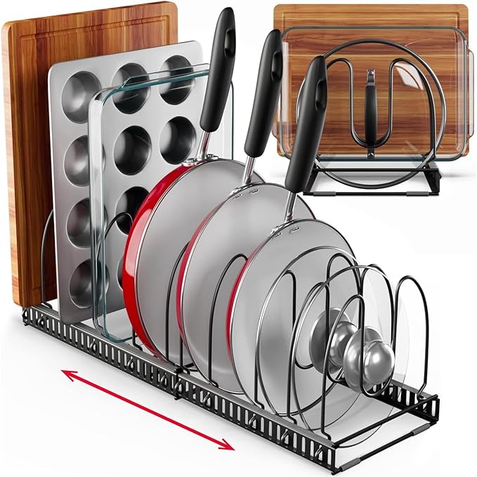 12+ Expandable Pan and Pot Lid Organizer Rack for Cabinet, Pot Lid Holder Pot Organizers Inside Cabinet, Pots and Pans Organizer Under Cabinet (Dark Grey, PAN & BAKEWARE)