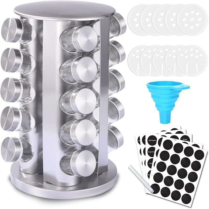 KALINCO Rotating Spice Rack Organizer, Revolving Spice Rack for Cabinet, Stainless Steel Spice Organizer with Jars(20-Jar)