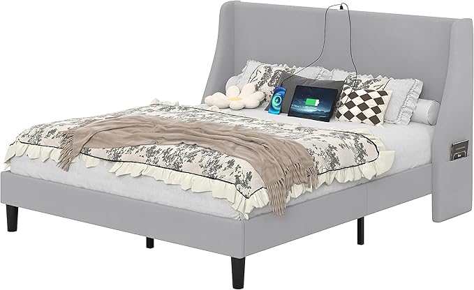 VECELO Queen Bed Frame with Upholstered Wingback Headboard, Heavy-Duty Platform Bedframe with Charging Station, Wooden Slats, No Box Spring Needed, Light Grey