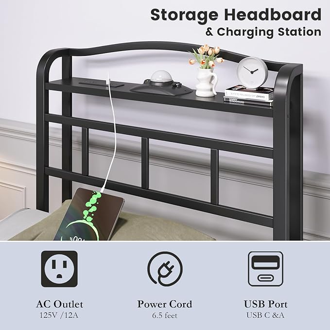 Twin Size Bed Frame - Storage Headboard with Charging Station & Galaxy Aurora Projector, 14 Inch Sturdy Metal Platform Bed Frame No Box Spring Needed, Easy Assembly, No Noise, Black