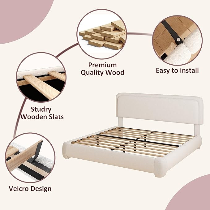King Boucle Platform Bed Frame with Height Adjustable Headboard, Modern Upholstered Cloud Bed, Sleek Curved Design, No Box Spring Needed, Easy Assembly, Noise Free, White