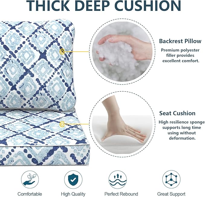 Outdoor Deep Seat Cushions Set 24 x 24 Inch for Patio Furniture,Water Resistant Chair Cushions Replacement Includes Seat Cushion & Back Pillow for Couch Sofa, Wicker Chair - Boho Geometry Blue