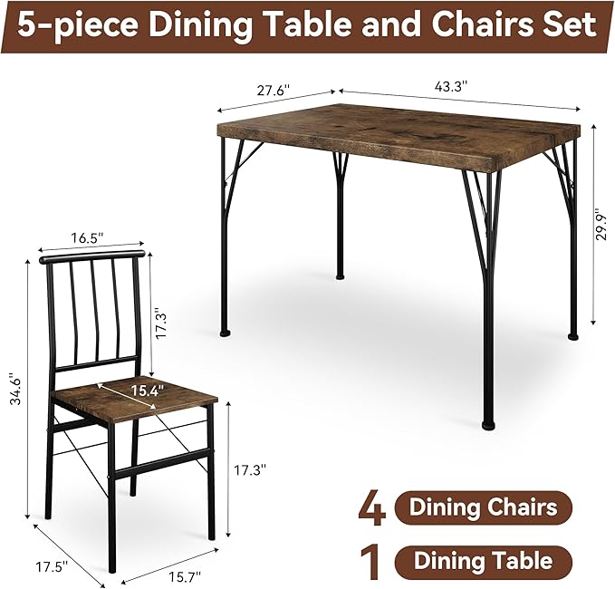 Kitchen Dining Table Set for 4, 5-Piece Kitchen Table Set with 1.6“ Thick Tabletop,Dining Room Table Sets,Kitchen Table Set with 4 Chairs for Small Space, Dinette,Apartment,Retro Brown