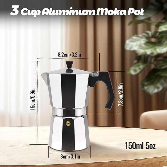 3 Cup Aluminum Moka Pot Classic Stovetop Espresso Coffee Maker 150ml 5oz Coffeemaker Percolator Mocha Pot Greca Coffee Maker Cafe Makers for Italian and Cuban Café Brewing Silver