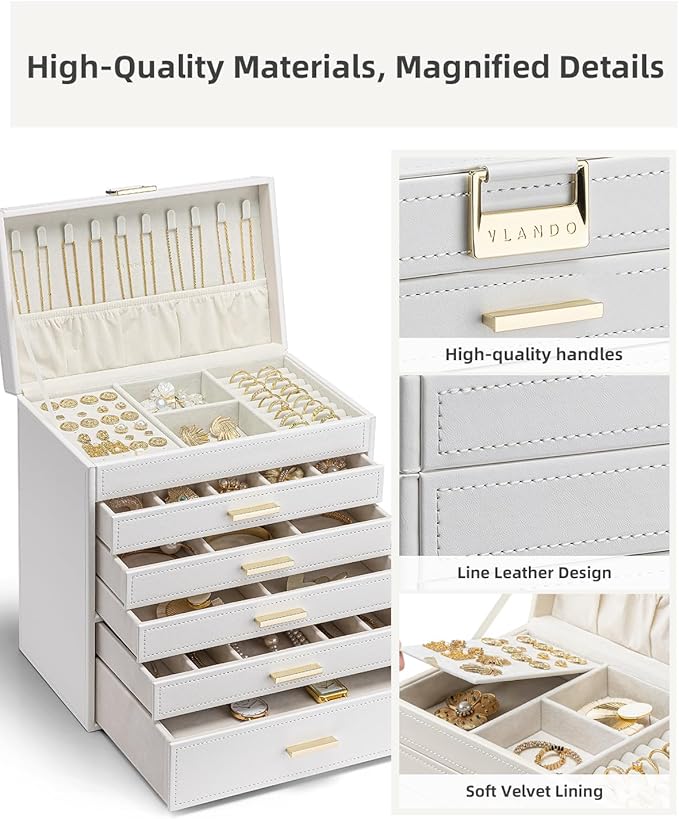 Vlando 6 Layer Large Jewelry Box - Jewelry Holder Organizer, Jewelry Box Organizer for Drawer Necklace Ring Bracelet and Watch, Birthday Gift for Loved Ones - White
