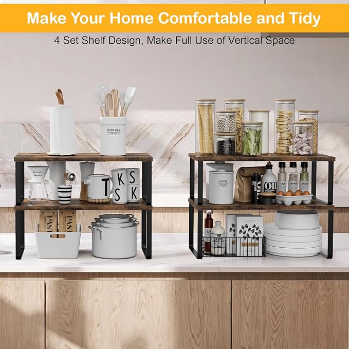 Cabinet Shelf Organizers, 15.7 inches Large Kitchen Counter Shelf, Set of 4 Wood Kitchen Pantry Organizer, Storage Shelves for Countertop, Spice Rack, Stackable, Expandable, Metal Black, Brown