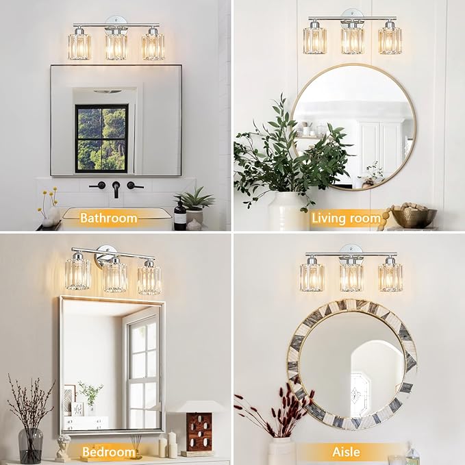 Modern 3 Light Crystal Vanity Light, Chrome Vertical Bathroom Light Fixture Over Mirror for Dressing Table Sink, Compatible with Dimmable Bulbs (Bulbs Not Included)