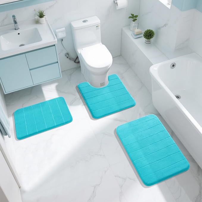 Yimobra Memory Foam Bath Mat, Super Soft Absorbent Bathroom Rug Non Slip 24x17 Inch, Quick Dry, Machine Washable Floor Carpet for Tub Shower, Home Decor Accessories, Lake Blue