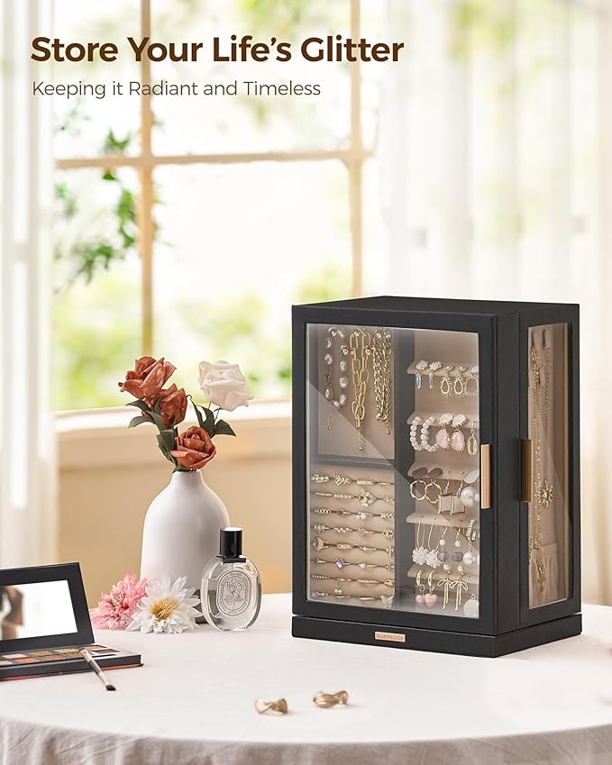 360° Rotating Jewelry Box with 7 Drawers, Spacious Vertical Jewelry Organizer with Glass Window, Jewelry Storage Case, Dustproof & Moisture-resistant Design, Black