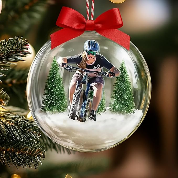 UrbanNEST Personalized Mountain Biking Snow Globe Ornament, Bicycle Ornaments for Christmas Tree, Mountain Bike Ornament, Bicycle Ornaments, Biker Girl Gifts, Gifts for Cyclist, Xmas Decorations
