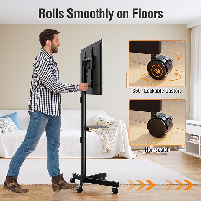 ELIVED Mobile TV Stand for 23-60 Inch Flat Screen TVs, Tilt TV Cart with Adjustable Shelf & Locking Wheels, Rolling TV Floor Stand Max VESA 400x400mm, Portable TV Stand Holds Up to 77lbs.
