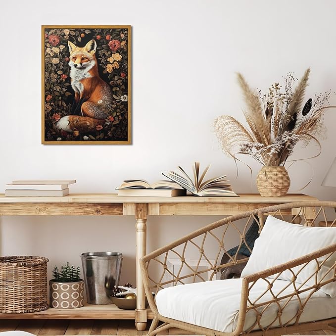 Djmwtb Framed Vintage Wall Art, Fox wall Decor,Nature Botanical Wall Art for Bedroom Decor, Flower Pictures Paintings Animal Canvas Artwork Prints for Living Room 16x24in