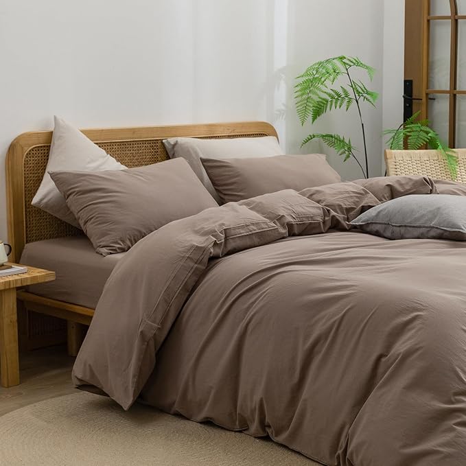 BESTOUCH Duvet Cover Set 100% Washed Cotton Linen Feel Super Soft Comfortable Chic Lightweight 3 PCs Home Bedding Set Solid Pine Bark Brown Oversized King